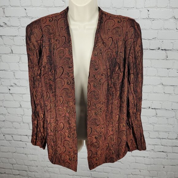 VTG Karen Miller Red & Gold Metallic Brocade Open Lined Jacket USA Made Size 16 - Picture 1 of 14